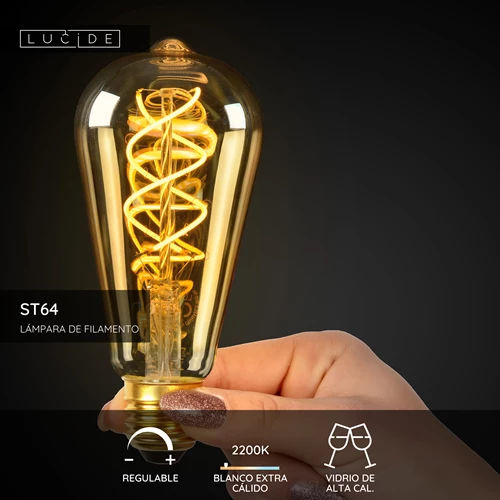 Lucide ST64 - Lámpara de filamento - Ø 6,4 cm - LED Regul. - E27 - 1x4,9W 2200K - Ámbar - USP